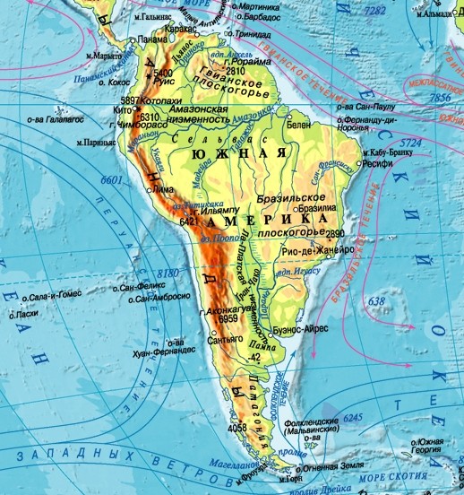 Фізична карта Південної Америки